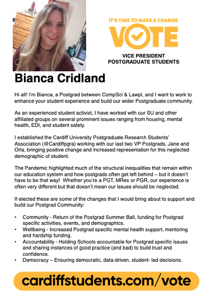 Biancacridland's tweet photo. 1/5. I'm delighted to say that I'm running for VP Postgrad in the @cardiffstudents election this week. Voting is open at https://t.co/HfqVKzcGqa  A vote for me is a vote for: https://t.co/XxPLNi5jrV