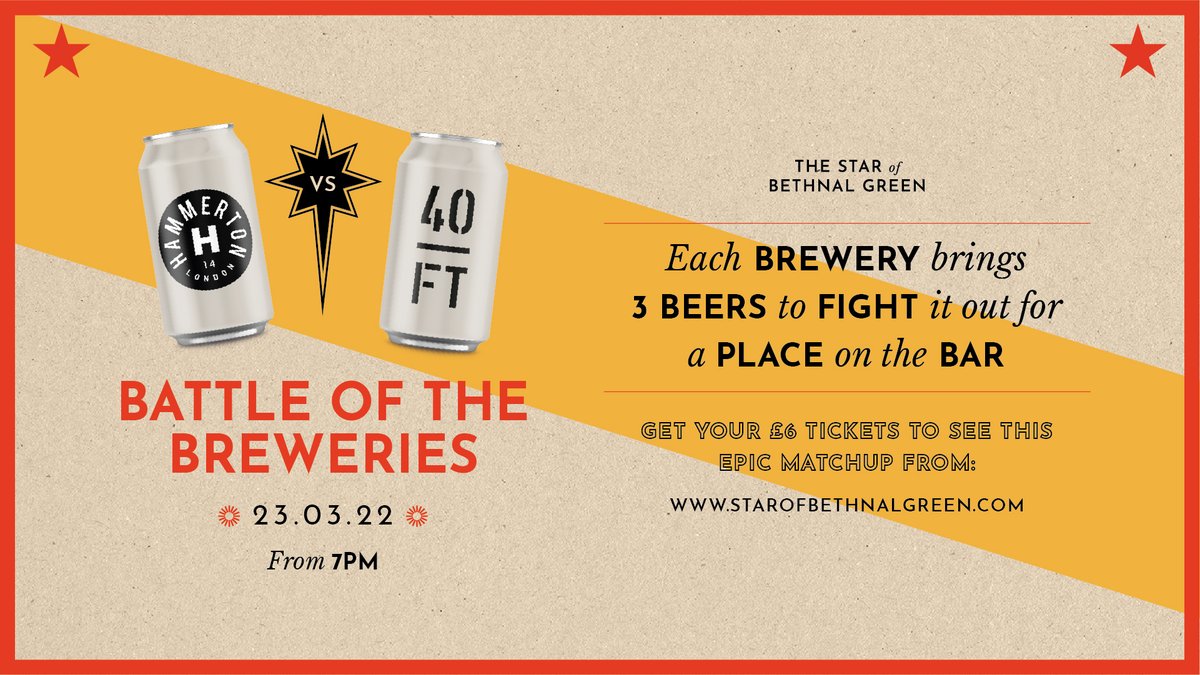 StarBethGreen's tweet photo. Battle Of The Breweries is next week. @HammertonBrew vs @40ftbrewery. Each brewery brings along 3 beers. You try all 6 for only £6. Grab Tickets. 🍻🍺🍻🍺🍻🍺 
#BethnalGreen #EastLondon #Beer #brewery 
Tickets: https://t.co/EBPnekY5xD https://t.co/stNfLZNha1