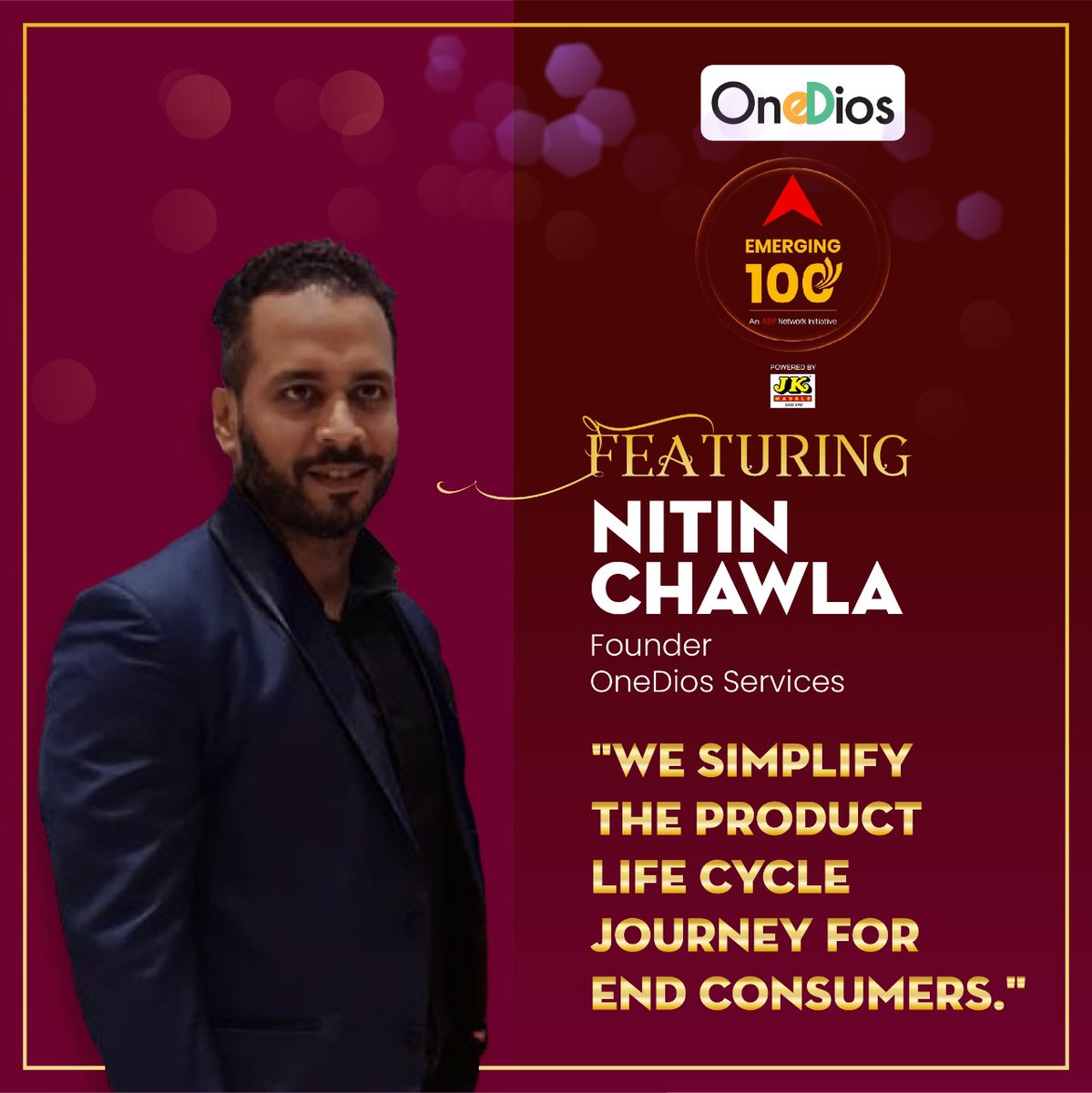 OneDios_India's tweet photo. It brings us great pride to announce that our founder, Mr. Nitin Chawla has been recognized to be among the top 100 emerging visionaries. For the one behind OneDios is certainly one in a hundred.

#onedios #emerging100 #founder #services #jkmasale #abpnetwork #abp #onediosindia https://t.co/4ms3py6EGE