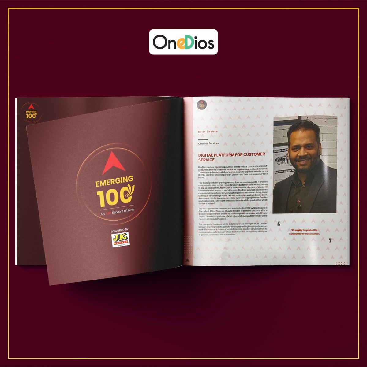 OneDios_India's tweet photo. It brings us great pride to announce that our founder, Mr. Nitin Chawla has been recognized to be among the top 100 emerging visionaries. For the one behind OneDios is certainly one in a hundred.

#onedios #emerging100 #founder #services #jkmasale #abpnetwork #abp #onediosindia https://t.co/4ms3py6EGE