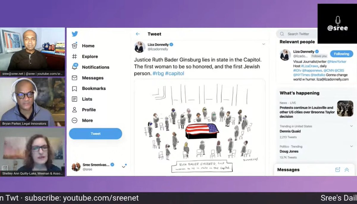 sree's tweet photo. We discussed RBG’s legacy &amp; the impact of her work, as well as that of her passing - within hours of her death - w/ @RBRYANPARKER and @ShellQL… on episode #199 of #SreeShow. We also featured this @lizadonnelly cartoon. 3/ https://t.co/qA9NIMhIaN w/@RoseHorowitz31 @vandana_menon https://t.co/bsCINaaiX2