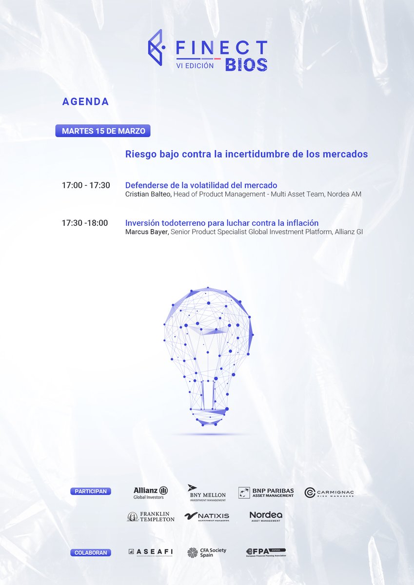 finect's tweet photo. 💥 ¡2ª jornada de #FinectBIOS hoy a las 17:00h!

Estas son las 2 ponencias de inversión este martes:

💡 Defenderse de la volatilidad del mercado
💡 Inversión todoterreno para luchar contra la inflación

🔴 Enlace para seguir el evento en directo 👇🏻
https://t.co/UzGUk32kCQ https://t.co/tZ0lCVcfDN