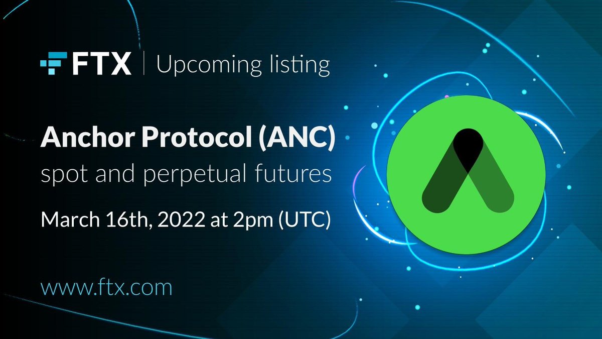 FTX_Official's tweet photo. Upcoming listing on FTX: $ANC spot and perpetual futures!
@anchor_protocol
Listing details: https://t.co/QVz6NFW3ao https://t.co/IdDnWdkfz4