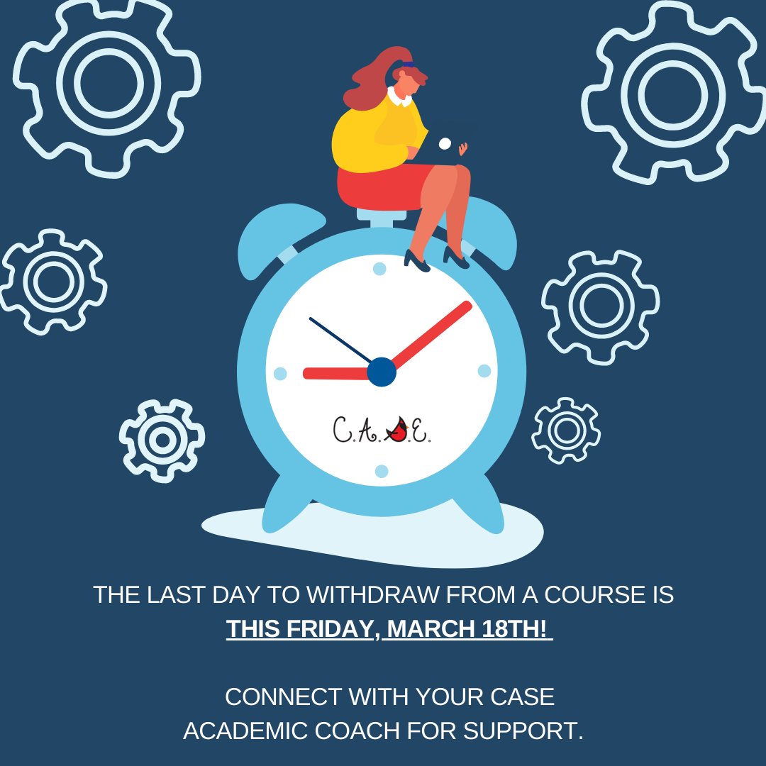 mcphsCASE's tweet photo. The last day to withdrawal from a Spring 2022 course is this Friday, March 18th. Schedule an academic coaching meeting or utilize CASE drop-in hours (Mon-Fri, 12-2pm) to receive support! Visit https://t.co/ZLsKTbGG3j to schedule an appointment! #inCASEyouneedus #justinCASE #mcphs https://t.co/cZylldjUyX