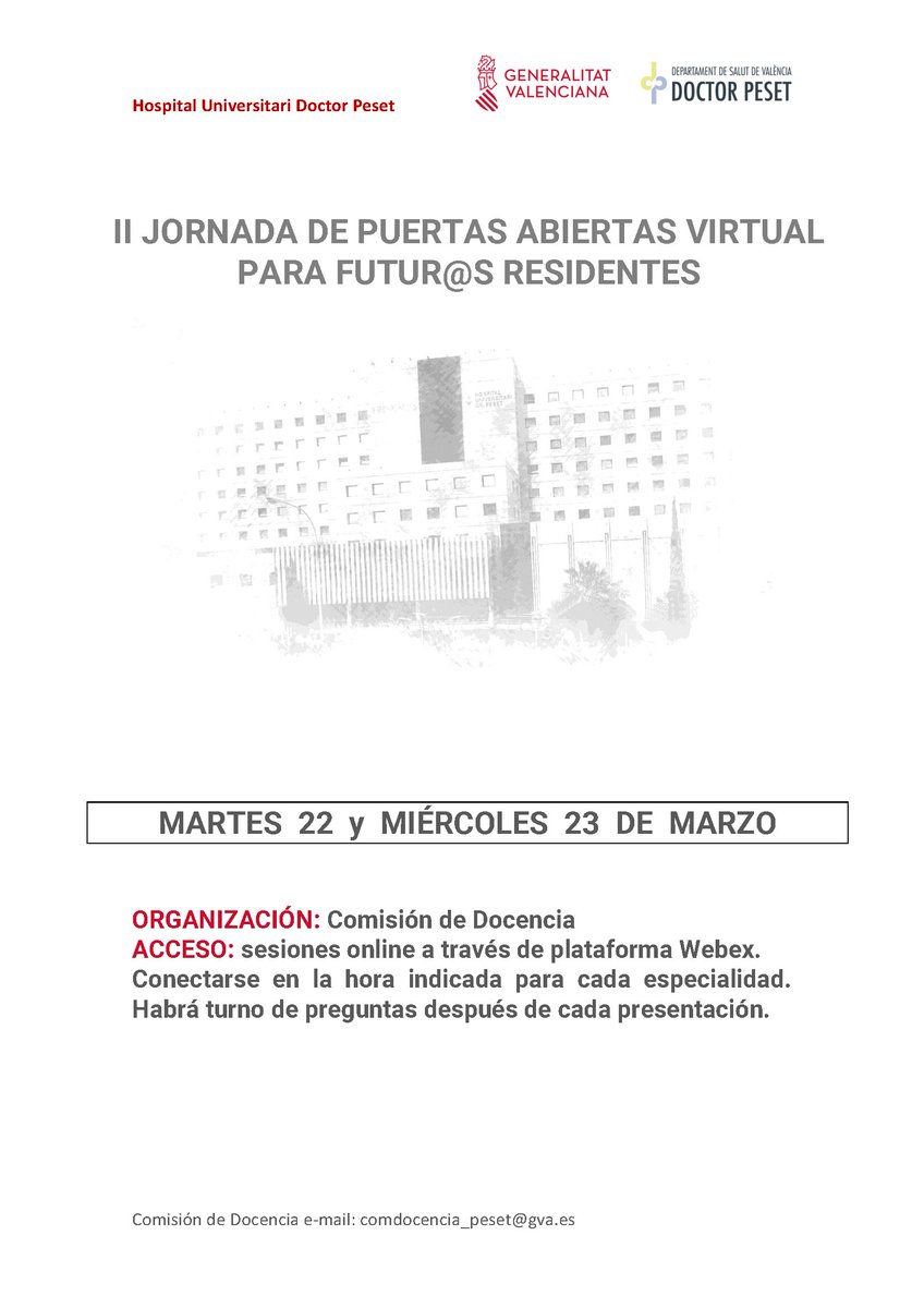 GVADrPeset's tweet photo. 📢❗️🏥Ya tenemos la distribución de horas y especialidades para Jornada de puertas abiertas para futur@s residentes de @GVADrPeset. Será el 22 y 23 marzo de 9.30h a 14h. En breve publicamos los enlaces para q te conectes vía WebEx. No pierdas la oportunidad de conocernos! +info⤵️ https://t.co/4za2xbHAbq