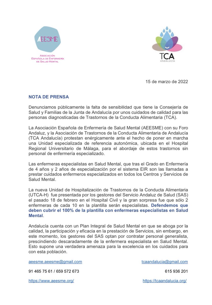 _AEESME's tweet photo. NOTA DE PRENSA @_AEESME AEESME - TCA ANDALUCÍA @TCAandalucia | 

Reivindicando calidad en los cuidados en las Unidades de Trastornos de Conducta Alimentaria de Andalucía | AEESME 

https://t.co/sxM2dsCeSk https://t.co/zbkT1e3P53