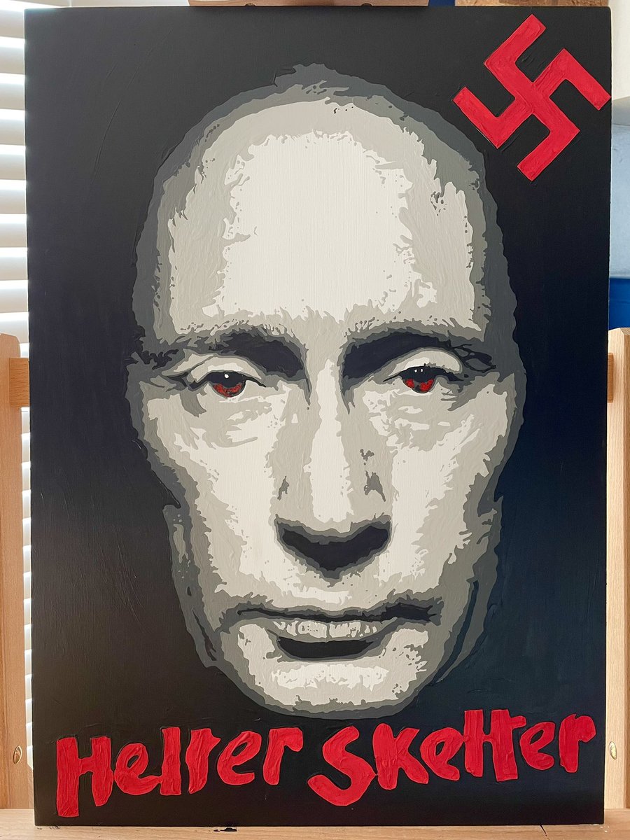 Not a great subject. But my aim painting this was to try and show my feelings about Putin, and the devastation that he is causing in the Ukraine. Helter Skelter, implies the madness of the man. And the Swastika, is meant to show the similarities between him, and Hitler.