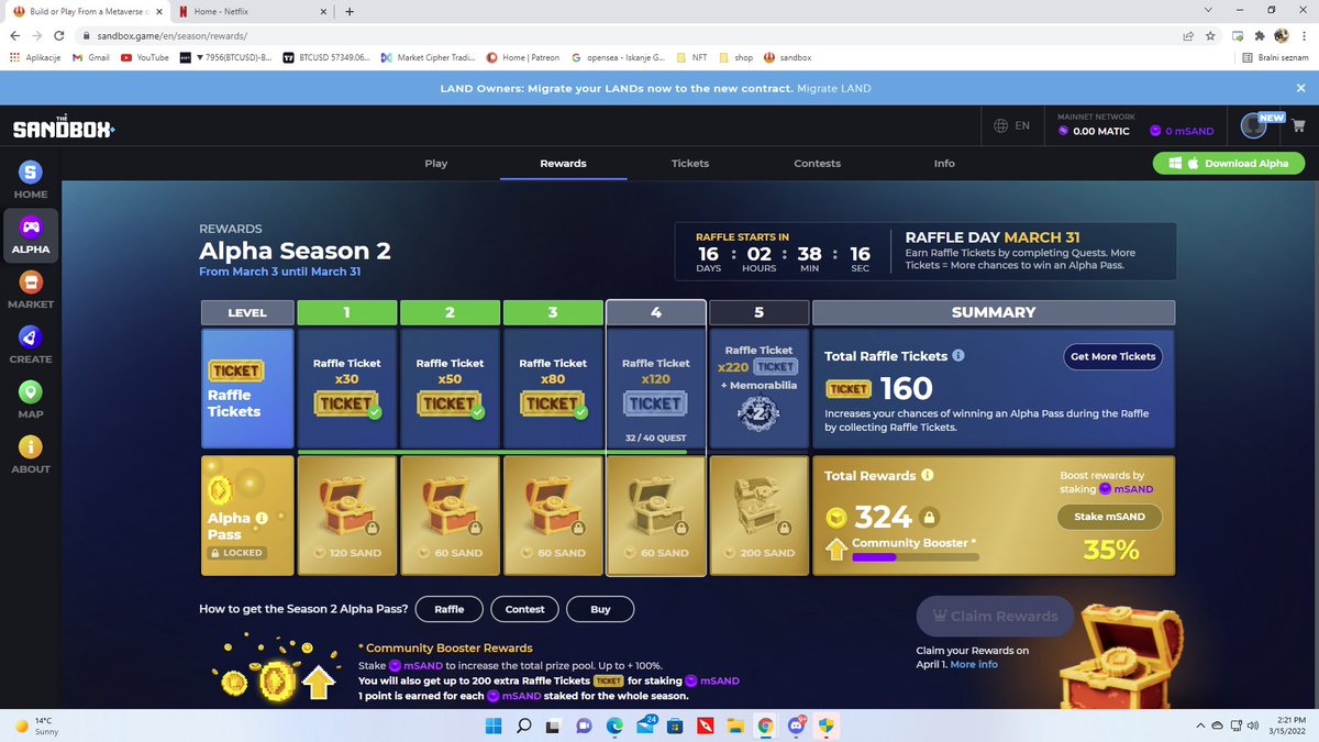 domenNFT's tweet photo. @TheSandboxGame I just participated in the daily #SandboxAlphaS2Contest for a chance to earn up to 1,000 $SAND! Starting March 14 -  Show your Raffle Tickets. Check out my screenshot below! 👇 #SandboxAlphaS2 https://t.co/bFE55zoSON