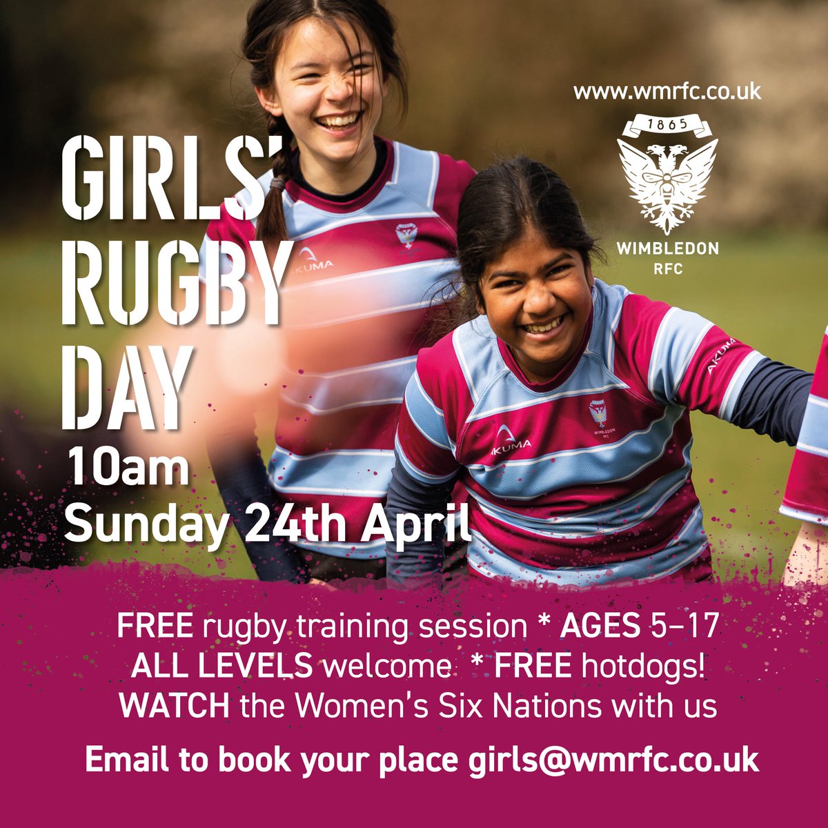 GirlsWimbledon's tweet photo. Join us at @WimbledonRFC for our girls’ rugby day. All ages &amp; experience welcome! Stay on after training for food and the Women‘s 6 Nations. It’s going to be awesome! @RicardsPE @HAWI_PE @officialRPHS @UHSPeDept @WimHighSchool @EMS_Sport @EpsomC_Sport @stcrugby @PutneyHighSport https://t.co/AIeEYJJEOe