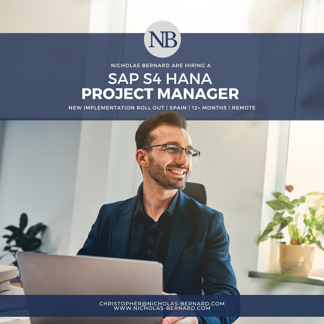 NB_SAP's tweet photo. Weβre hiring a SAP S4 HANA Project Manager to join our client on a new implementation project roll out. π»
To find out more, email your resume to christopher@nicholas-bernard.com.
#sap #sapjobs #sapproject #sapprojectmanager #saprecruitment https://t.co/ZZZUcWAow4