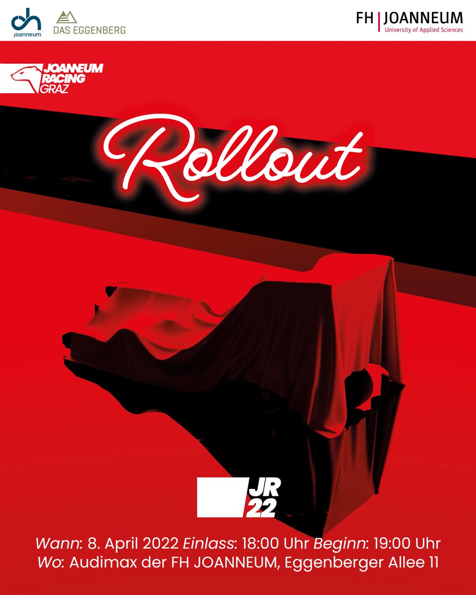 Ladies and gentlemen, the time has come: We invite you to the Rollout of our brand new car, the #JR22! 
When: 8th April
Where: Audimax of <a href="/fh_joanneum/">FH JOANNEUM</a> 
Start: 7 p.m.
You can find more information and the registration here: joanneum-racing.at/rolloutjr22/
See you all there!