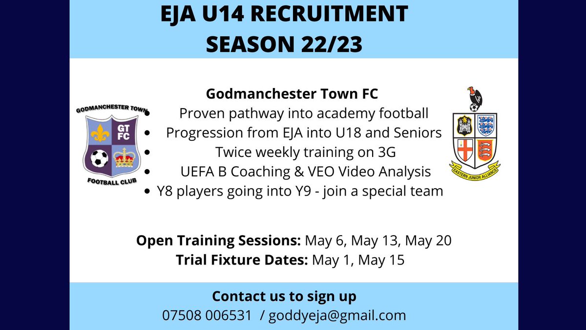 Our current U13 EJA team is looking to add some players for the new season, if you want a clear pathway to senior football get in touch ⚽️⚽️⚽️ <a href="/HuntsFA/">Huntingdonshire FA</a> <a href="/Hunts_YL/">Hunts Youth League</a> <a href="/squeezefootball/">Squeeze</a> <a href="/CambsLeague/">Cambs County League</a> <a href="/CambsFA/">Cambridgeshire FA</a> <a href="/BedsFA/">Bedfordshire FA</a> <a href="/NorthantsFA/">Northamptonshire FA</a> <a href="/PDYouthLeague/">PDYouthLeagueUK</a>