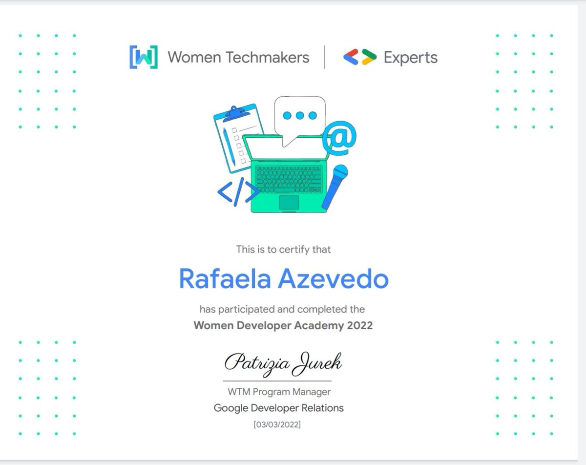 azevedorafa_com's tweet photo. Just got my Women Developer Academy - Google Experts certificate ππ
Great experience where I could improve some public speaking skills. #googleexperts #womentechmakers #publicspeaking https://t.co/dT0f9H87kP