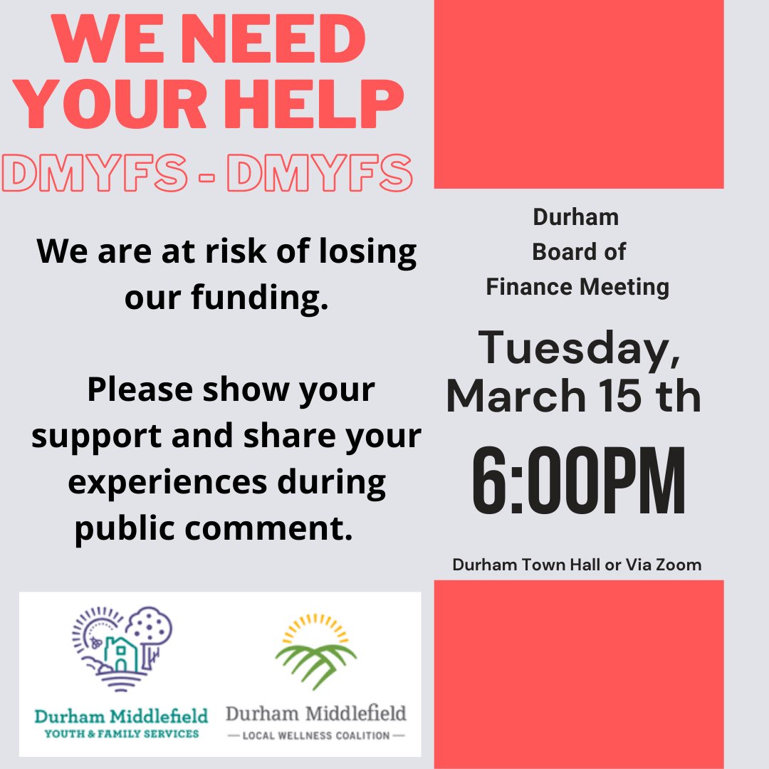DMLWC's tweet photo. Support DMYFS &amp; DMLWC tonight at 6pm during public comment at the Durham BOF Meeting! We are at risk of losing our funding.
Tuesday, March 15th 2022 at 6:00pm 
Durham Town Hall 
https://t.co/PYyJKN4aRb
Meeting ID: 859 9692 4957 Passcode: 404149
#dmyfs #dmlwc #keepitgoing https://t.co/MEODJh9n0S