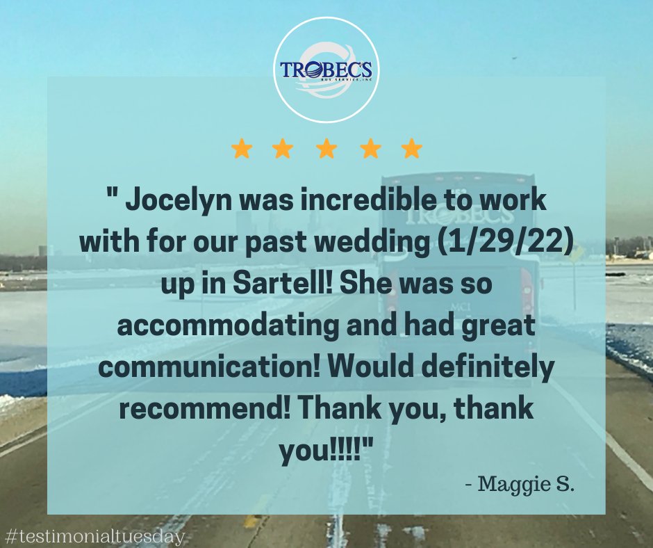 TrobecsBus's tweet photo. We absolutely love hearing from our customers! 😀
On your special day we want to keep the transportation worries off your shoulders, let us take care of it. Sit back, relax and soak in the moments. 💍 #weddings #TestimonialTuesday #lovethebus https://t.co/ArnCC5pdGr