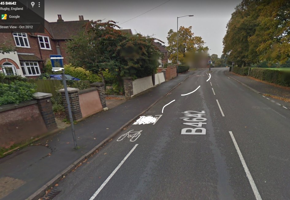SimonDBurt's tweet image. Hi @rugbybc I appreciate the efforts being made to improve active travel, could I suggest an improvement to some road markings on bilton road? Rather than diminish cycles and ignore them for 200m prioritise them instead. This should also apply up the hill past the Crow.