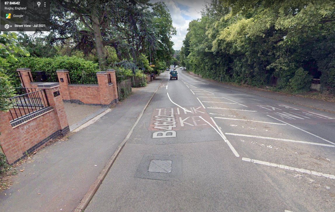 SimonDBurt's tweet image. Hi @rugbybc I appreciate the efforts being made to improve active travel, could I suggest an improvement to some road markings on bilton road? Rather than diminish cycles and ignore them for 200m prioritise them instead. This should also apply up the hill past the Crow.