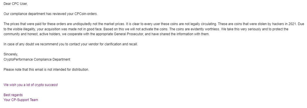 mhmttcrl's tweet photo. CPCoin is scam. They took the coins because we will direct new CPCoins in people's hands. Now they are not refunding.  #FRAUD . they are sending this e-mail for a scare. #FRAUD. no one buys. don't waste your money. #FRAUD #CryptoPerformance  #CPC https://t.co/ryTPjNs6nE