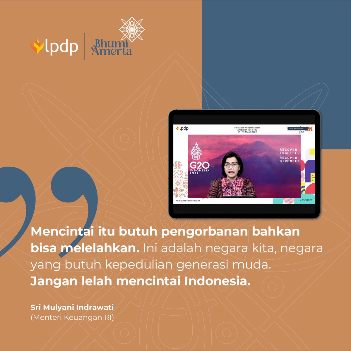 pk181_lpdp's tweet photo. [QUOTE HARI KE SEPULUH]

Perjalanan untuk berjuang telah dimulai. Segala upaya dilakukan demi Indonesia maju. Mengasah asa agar tak patah. Melupakan kesempatan tuk menyerah. Menguatkan langkah walau lelah. Meneguhkan tekad walau berat. Tanpa rasa cinta, rasanya tidak mungkin. https://t.co/RSFYWsOfeh