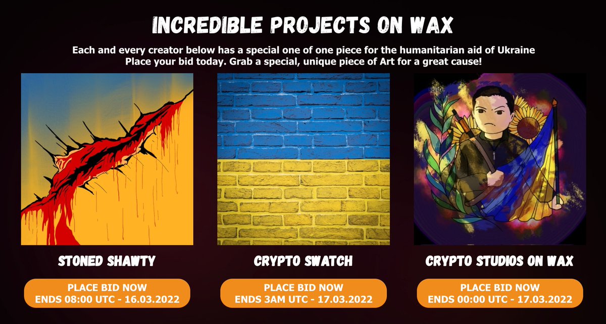 WAX LIVE AUCTION!

1/1 Pieces from...
<a href="/cryptoswatches/">Crypto Swatch</a> 
<a href="/shawty_stoned/">STONED SHAWTY</a> 
<a href="/KryptosNFTs/">𝕂𝕣𝕪𝕡𝕥𝕠𝕤</a> 

&amp; more to be added later.
mammothmythics.uk/auction

All proceeds are for Humanitarian Aid in Ukraine 

💙💛
