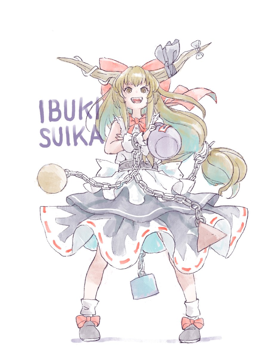 ibuki suika 1girl solo horns long hair chain bow red bow  illustration images