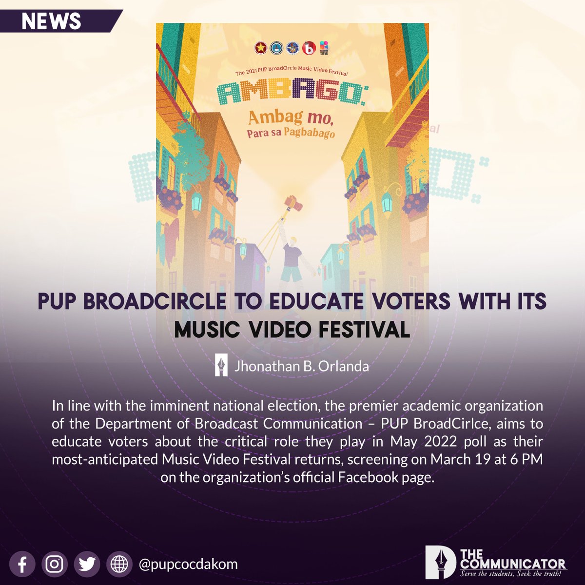 pupcocdakom's tweet photo. NEWS | PUP BroadCircle to educate voters with its music video festival 

Article: @jhonathan_dakom
Graphics: @janelle_dakom 
Photo: PUP BroadCircle

Read the full article on our Facebook page: https://t.co/8LFMS5WDa3 https://t.co/blfvLGTO6d