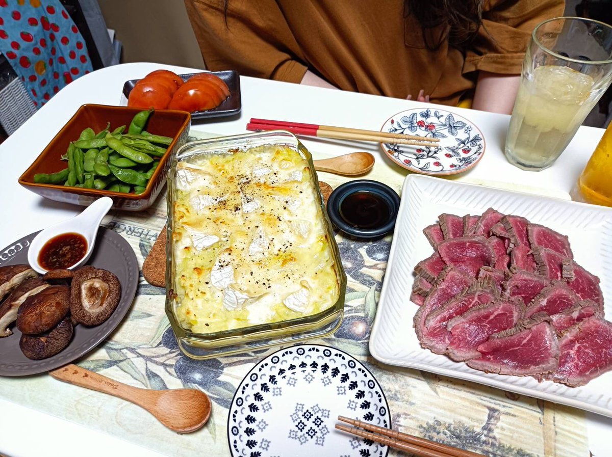 #飲みお供達
#糖質オフバージョン？
#牛たたき
#マッシュポテトカマンベールチーズ焼き
#焼き椎茸とトマスラ
#枝豆