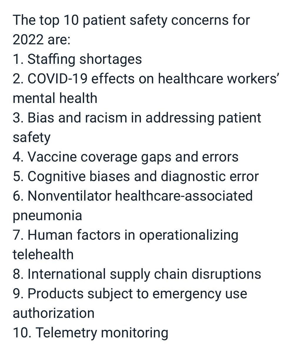For Patient Safety Awareness Week, a new top 10 list of safety concerns, many worsened by pandemic: #1 staff shortages #2 HCW mental health #3 bias & racism #4 vaccine coverage gaps by @ECRI_Org, the nation’s largest nonprofit #ptsafety org #PSAW22 ecri.org/press/ecri-rep…