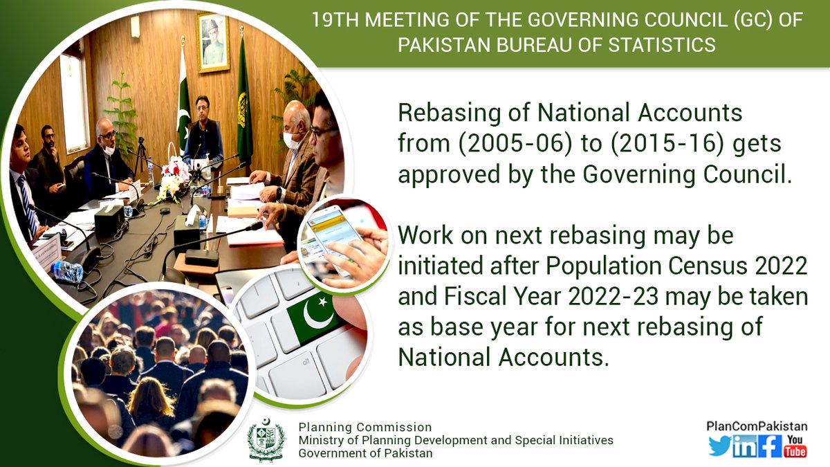 PlanComPakistan's tweet photo. Rebasing of National Accounts from (2005-06) to (2015-16) and change of base of Trade Indices from (1990-1991) to (2017-18) gets approved by Governing Council of Pakistan Bureau of Statistics under the Chairmanship of Federal Minister @Asad_Umar

#Census #DigitalCensus #Trade https://t.co/CHACVKzkIC