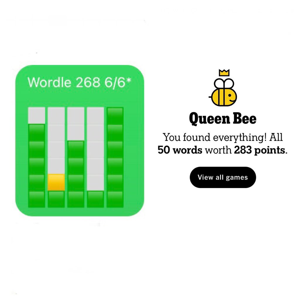 dewordler's tweet photo. Two “perfect” games yesterday 😂 #Wordle #Wordle268 #SpellingBee @NYTGames https://t.co/WOZWiEbFy5