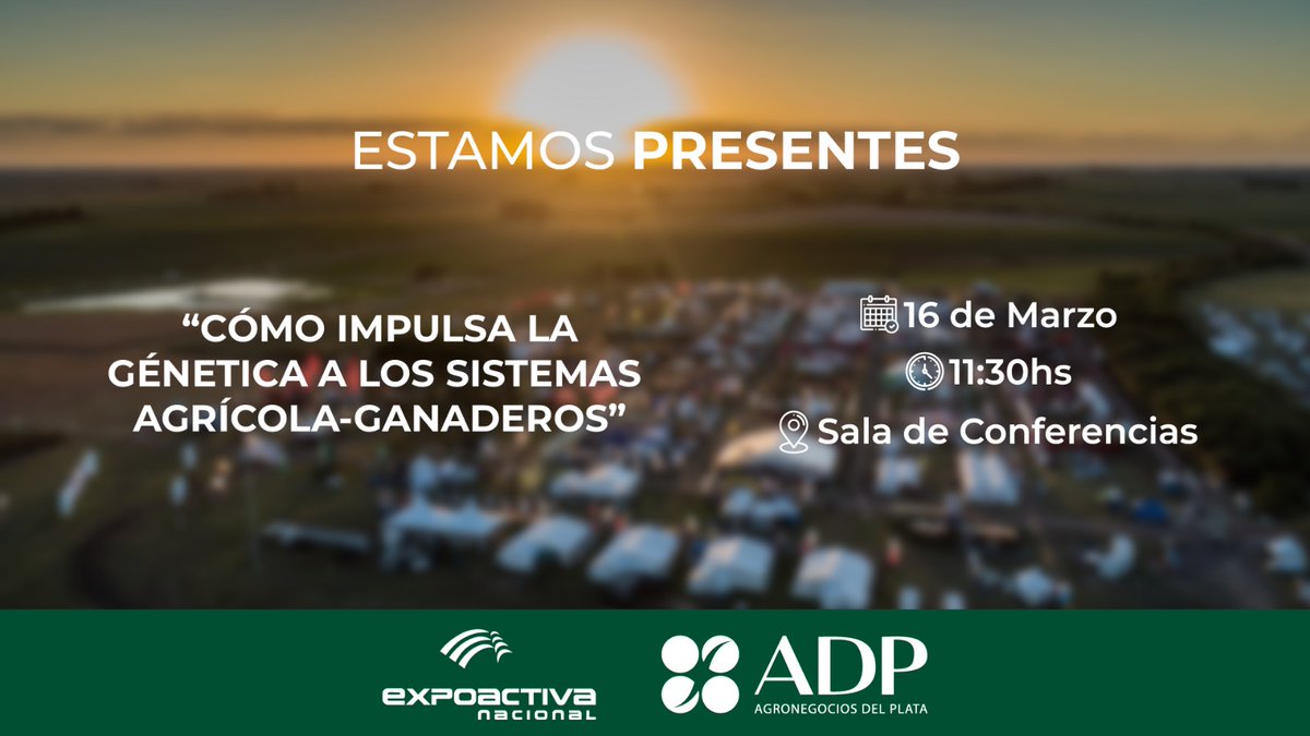 ADP dice presente en la Expoactiva con una charla excelente a cargo de nuestro Director <a href="/GuigouMarcos/">Marcos Guigou</a> , Responsable de I+I+D <a href="/quiqueferrari/">Enrique Ferrari</a> y Responsable de Producción de semillas <a href="/EstebanGuigou/">Esteban Guigou</a> 
Puedes verlo online a través de revistaverde.com.uy