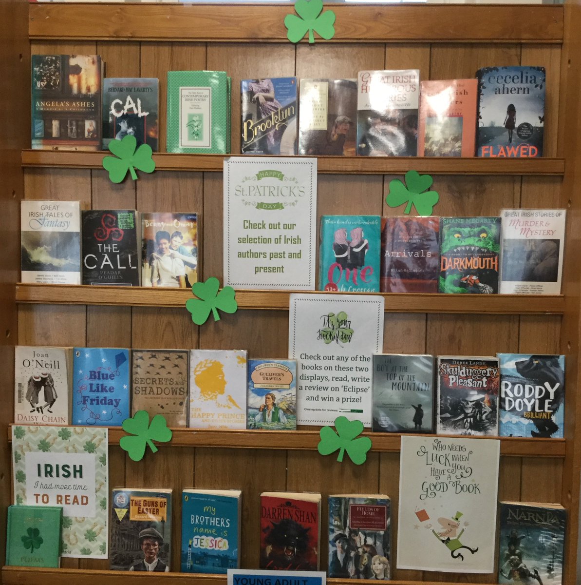 SullivanUpp_Lib's tweet photo. Encouraging all visiting the @SullivanUpp_Lib to try something new this week🤩Lots of great choices from our displays on #Refugees, Irish titles for #StPatricksDay & pupil librarian displays on #mysteries & #authorsoftheweek @TanyaLandman & #MegRosoff❤️📚#liblife #wearereaders https://t.co/jtZW07BtSf
