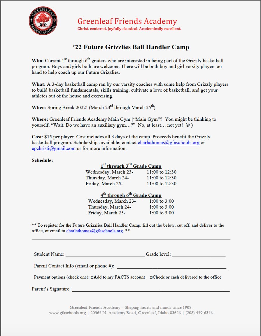 Don’t forget to sign your bball player up for our Future Grizzlies Spring Break Ball Handler Camp, 3/23-3/25! #GFAGrizzlies #GFAHoops <a href="/coachc208/">Coach C</a>
