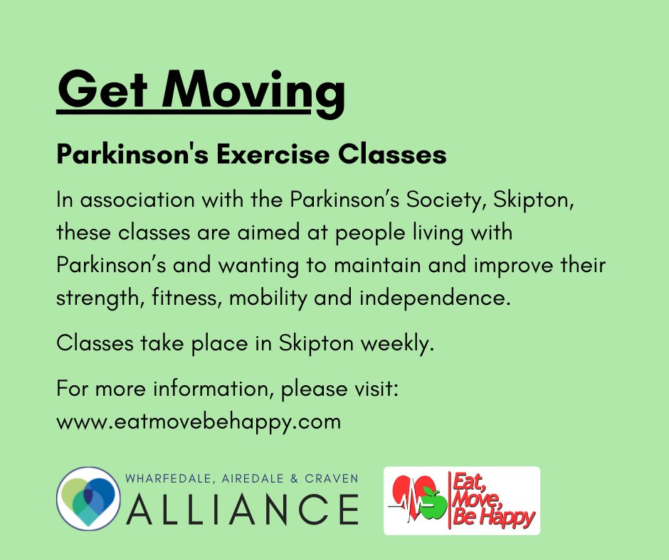 Get Moving - Parkinson's Exercise Classes

These classes are aimed at people living with Parkinson’s and wanting to maintain and improve their strength, fitness, mobility and independence.

For more information, please visit: eatmovebehappy.com