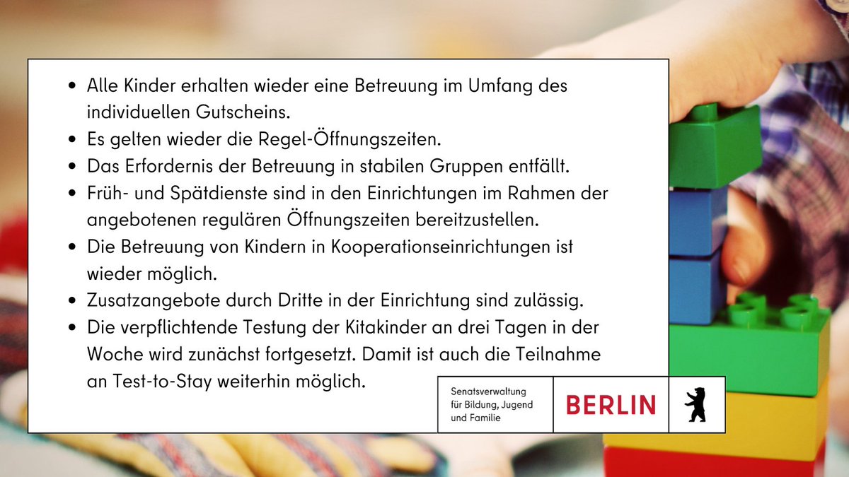 Auf Vorlage von Senatorin Astrid-Sabine #Busse hat der Senat heute für die Berliner Kitas den Wechsel zum Regelbetrieb unter Pandemiebedingungen beschlossen. 
▶️berlin.de/sen/bjf/servic…

Zum 19. März gilt für die Einrichtungen der Kindertagesbetreuung in #Berlin⬇️