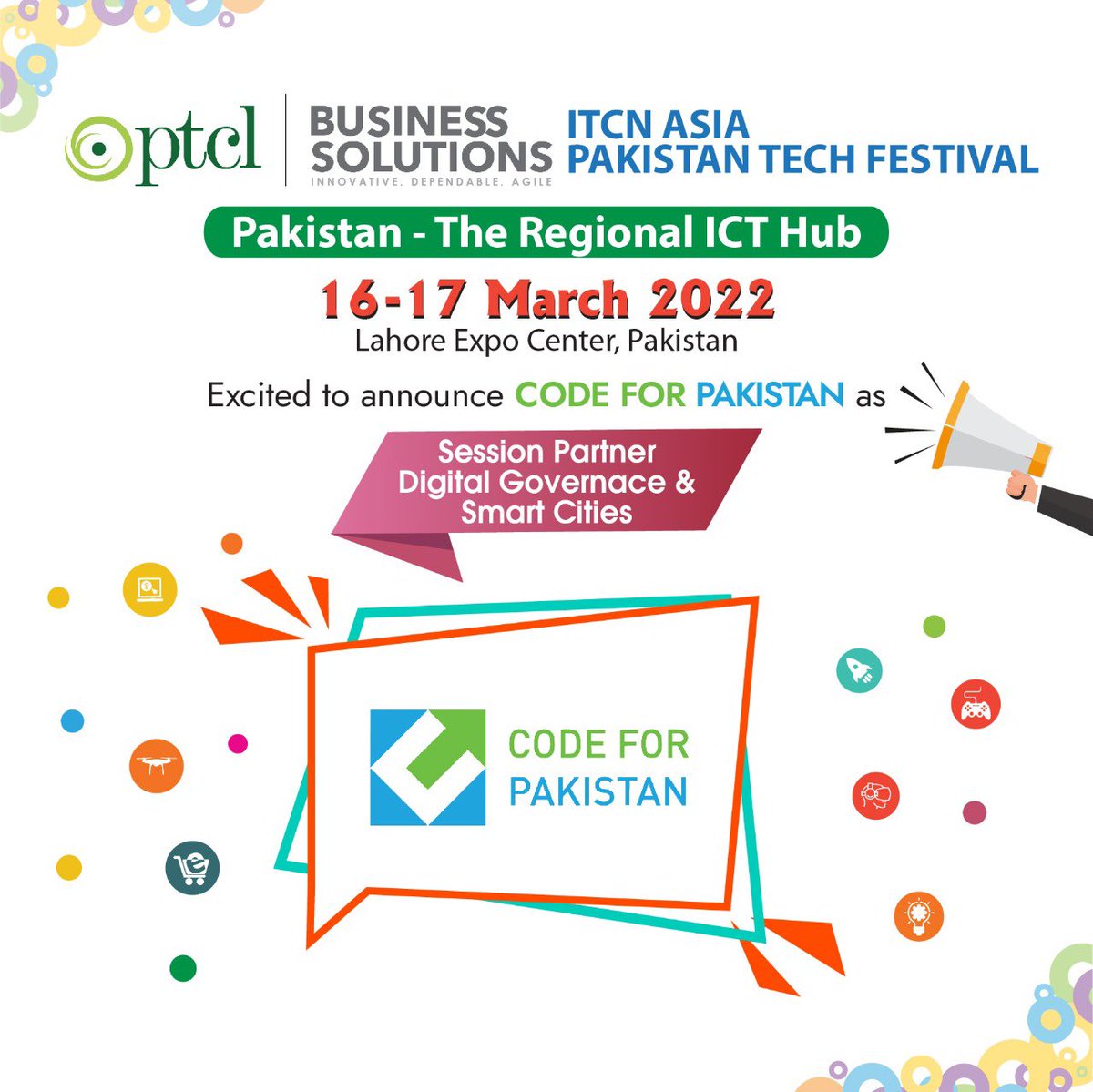 ITCNASIASOCIAL's tweet photo. We are delighted to announce our Session partner digital governance and Smart Cities Code for Pakistan for ITCN Asia - Pakistan Tech Festival.
@CodeforPakistan
See you on 16 & 17th of March 2022 at the Lahore Expo Center, Pakistan.
#itcnasia2022 #CodeForPakistan #ITFest #Lahore https://t.co/P0LBRcr8hY