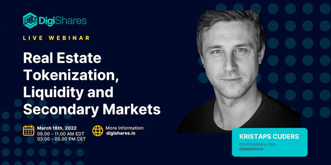 KristapsCuders's tweet photo. Tomorrow at 15:00 CET I will join the @DigiSharesDK “Real Estate Tokenization, Liquidity &amp; Secondary Markets” Webinar.

Everyone interested in How Did We Tokenize Our First Real Estate and What Were The Challenges, please sign here https://t.co/GLDKq6jIH7" #blockchain #realestate https://t.co/dat95GjOTl