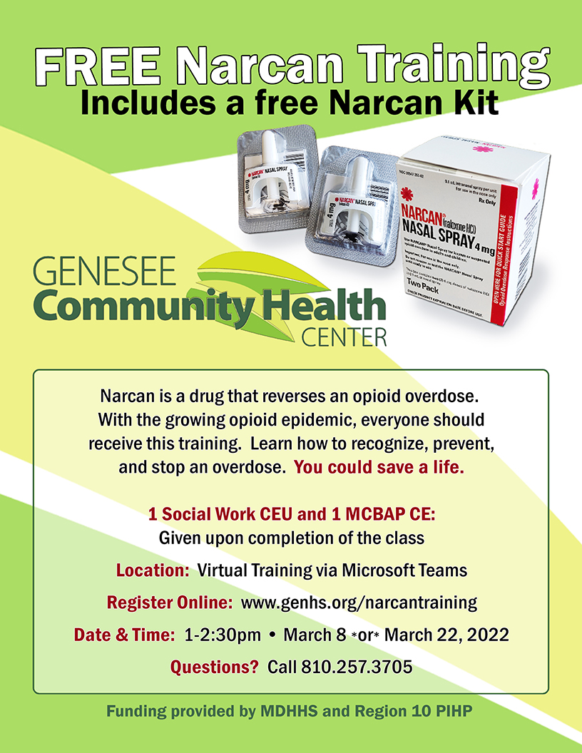 GenHealthSystem's tweet photo. Virtual Narcan Training is coming up next Tuesday, March 22nd, at 1pm. You could save a life by learning the signs of a possible overdose in progress and by carrying a Narcan Kit.
Open to all. https://t.co/MFFC0uf2mV
#narcan #narcankit #opioids #savealife #endoverdose https://t.co/0qyPayHTnS