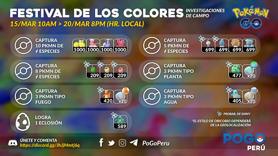 PoGoPeru's tweet photo. Qué Investigaciones de Campo se añadirán, en este #FestivalDeLosColores? 

Buscas a un #shiny en especial? Qué misión -o misiones- buscarás más?

ℹ Si estás en Lima, puedes compartirnos las misiones y de qué pokeparadas aparecieron 📌 Y asi, podremos activar nuestro Mapa! https://t.co/xzev7vGbOQ