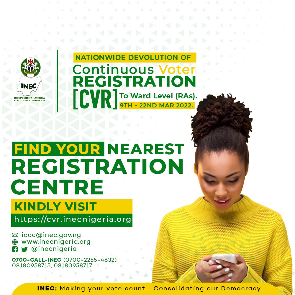 CDDWestAfrica's tweet photo. The Independent National Electoral Commission @inecnigeria  has brought the continuous voter registration (CVR) process closer to our homes.

Kindly visit the locations here to complete the process: https://t.co/YtBiuGK9DR 

#Nigeridecides2023
#Nigeria2023
#CDDEAC2023 https://t.co/WlRrNJms4t