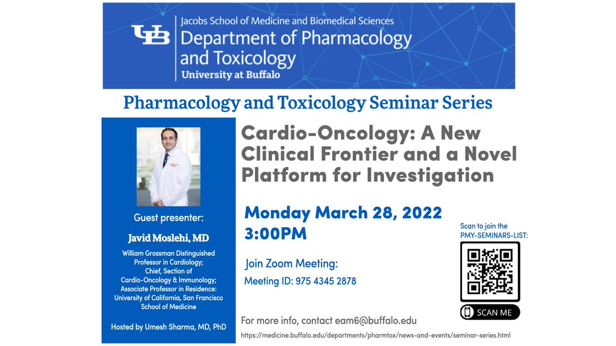 UBPharmTox's tweet photo. Very excited to host Dr. Javid Moslehi from @UCSF in our seminar series on March 28th! All are welcome. @CardioOncology #translationalresearch #Cardiology #oncology https://t.co/W7OIzKnTg1 https://t.co/CY81oLwQeX