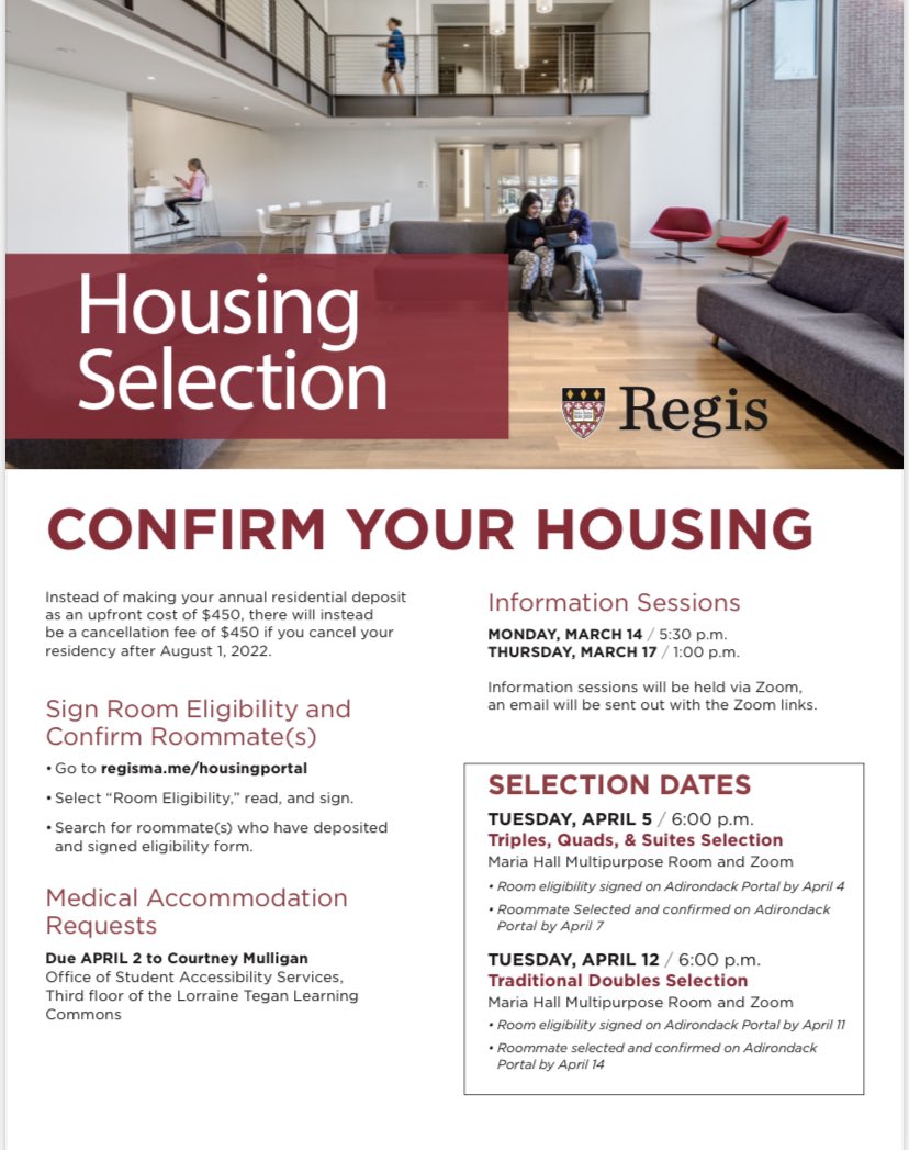 RegisMA_ResLife's tweet photo. Returning Students: It’s a great day to sign your housing eligibility form on https://t.co/PFvzoQsi4l https://t.co/UCyzjJwH0E