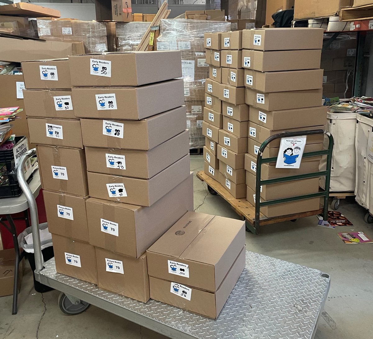KidsBookBank's tweet photo. A small portion of the 200+ boxes (more than 10,000 books!) heading out the door to partners, including @breakthroughcle, this week. https://t.co/8KHNPa0vCz