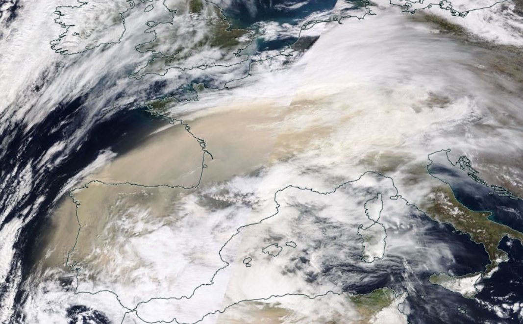 LyonMeteo69's tweet photo. Incroyable image satellite de la NASA montrant l'épais #nuage de #sable remontant du nord de l'Afrique vers l'Espagne et la #France ! https://t.co/7IBNMYYEtW