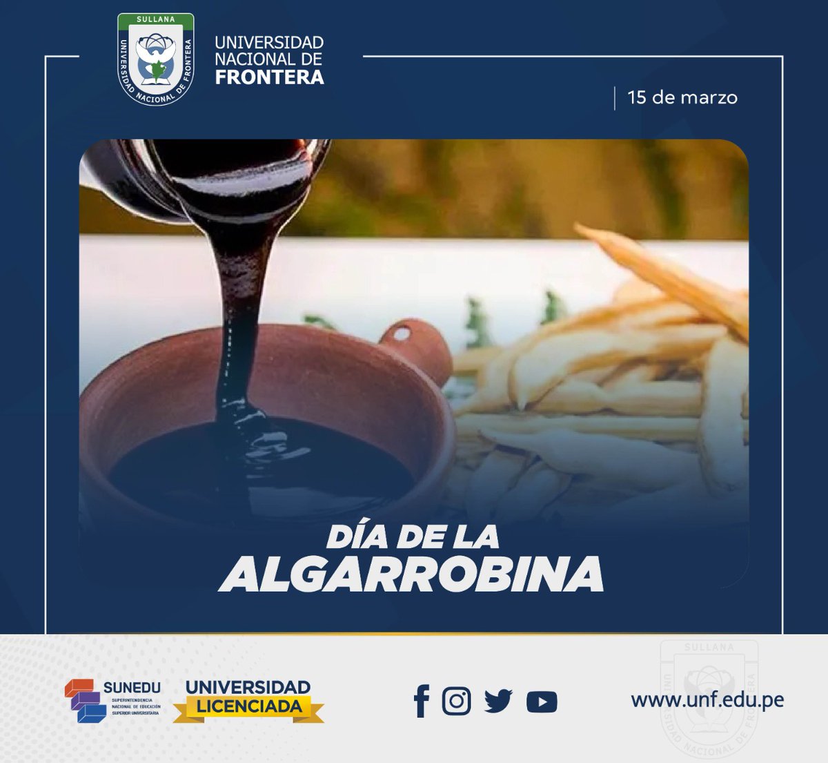 UNF_oficial's tweet photo. [#DíadelaAlgarrobina]
Esta celebración se da en cumplimiento de la Ordenanza Regional N° 011-2003. Mediante esta normativa  se declara a la algarrobina como patrimonio regional y al cóctel de algarrobina  como la bebida oficial para brindar en la región #Piura. https://t.co/wdKqg85quA