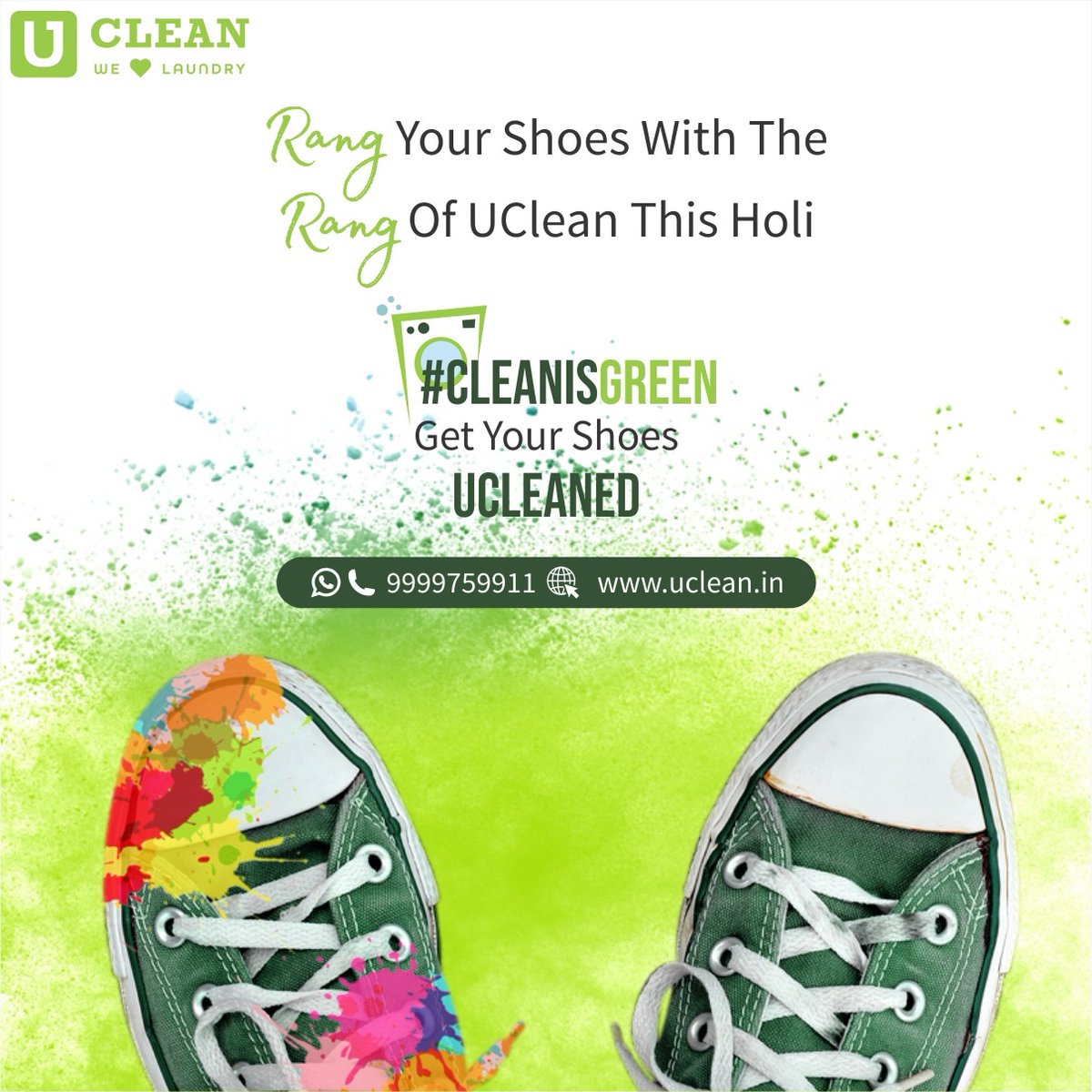 UCleanIndia's tweet photo. We all know the pain of getting our favourite shoes messy during Holi, but, with the rang of UClean this Holi...WORRY, NO MORE!
Your Shoe is now under OUR CARE! โ
#CleanIsGreen
#UClean #WeLoveLaundry #LaundryLove #laundry #cleaningservices #cleaning #laundrybag #laundryday https://t.co/iSEGU4IGnb