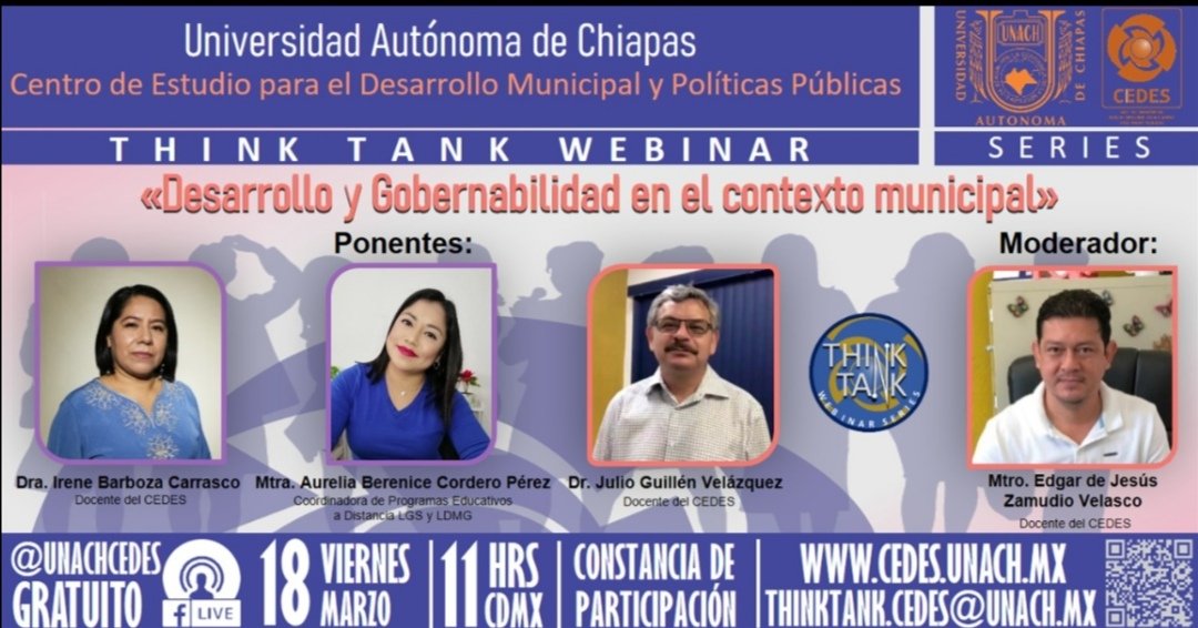 bereniccordero's tweet photo. Think Tank Webinar Series #04-2022
*«Desarrollo y Gobernabilidad en el contexto municipal»*
👉🏻 https://t.co/78bZS8sHBr
Viernes 18 de marzo de 2022, 11:00 a 13:00 horas CDMX
#thinktank #webinargratuito #webinarseries #cedespresente #CEDES @cedesunach @UNACH_Virtual https://t.co/3ESGb5f8Jo