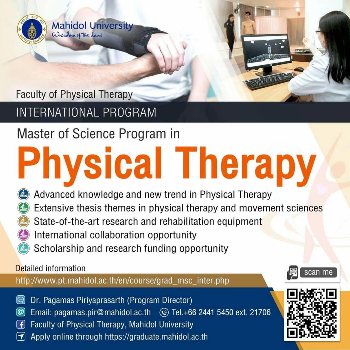 warin_kri's tweet photo. https://t.co/2rDS0MePoY…
Master Program in Physical Therapy (International Program): https://t.co/4EMbDYRHEx…
Doctor of Philosophy Program  in Physical Therapy (International Program): https://t.co/4EMbDYRHEx…
For more information, khanakorn.kor@mahidol.edu https://t.co/VohjCG47qc