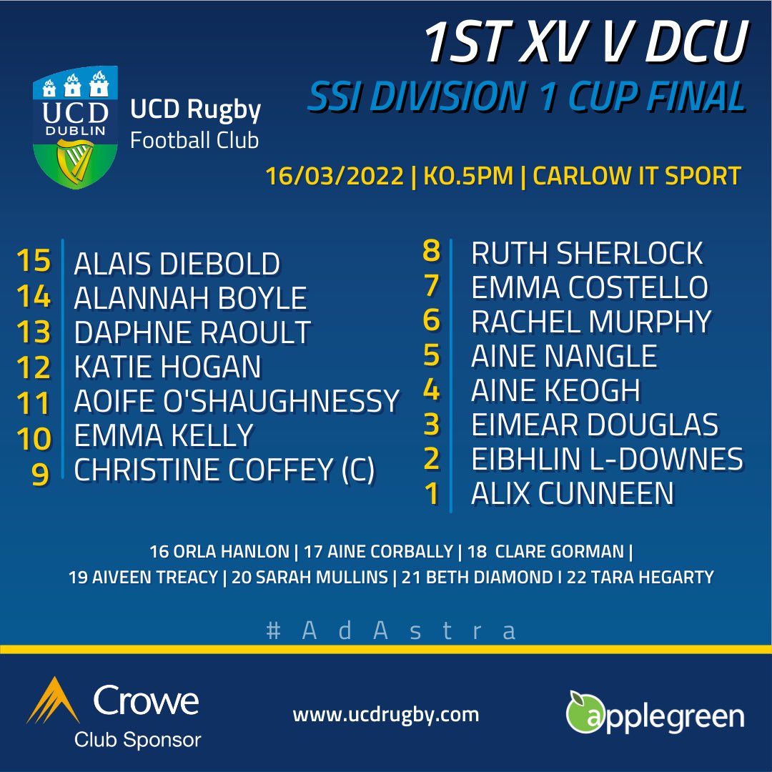 UCDWomensRFC's tweet photo. ❗️Team News❗️Our 1st XV take on @dcu_lrc in the Division 1 Cup Final tomorrow evening (KO.5pm) at the @StudentSportIrl @irishrugby Finals Day in @sportitcarlow 🙌🏼 #AdAstra https://t.co/D7QpPbTvnu