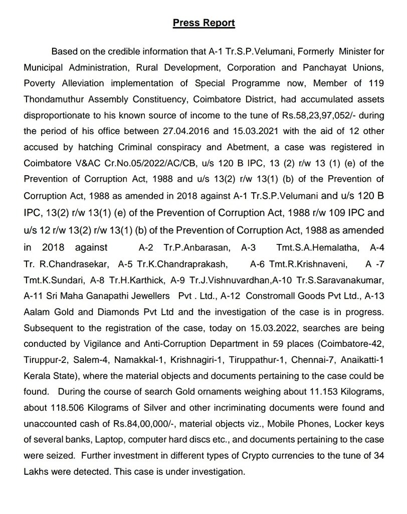 Jay_Apoorva18's tweet photo. In the ongoing #DVACRaids on #SPVelumani , officials recovered 11.153 kg Gold, 118.506 Kg Silver, unaccounted cash of Rs.84 Lakh, Mobiles, Laptop, hard discs & documents
Investment in various #cryptocurrecy to the tune of Rs 34
Lakhs detected
This case is under investigation. https://t.co/Yv145tAxia